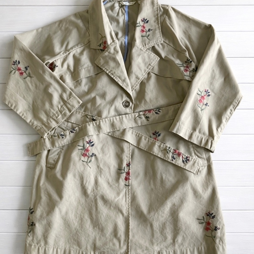 Soft Surroundings Trench Coat Khaki Floral Embroidered Tie Front Women's L Large